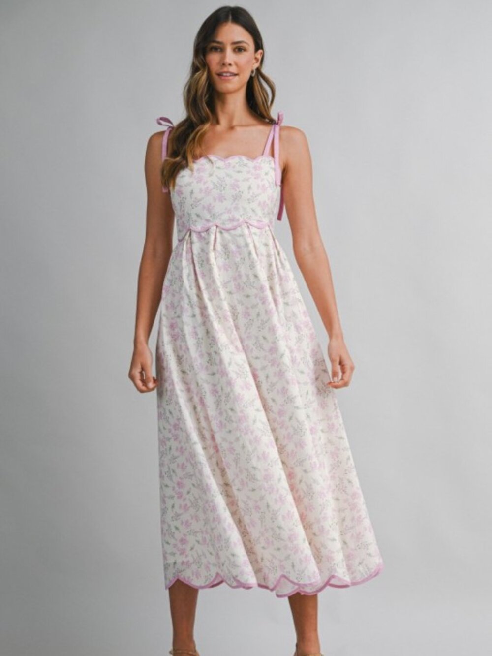 Floral Print Scallop Hem Contrast Self Tie Strap Midi Dress